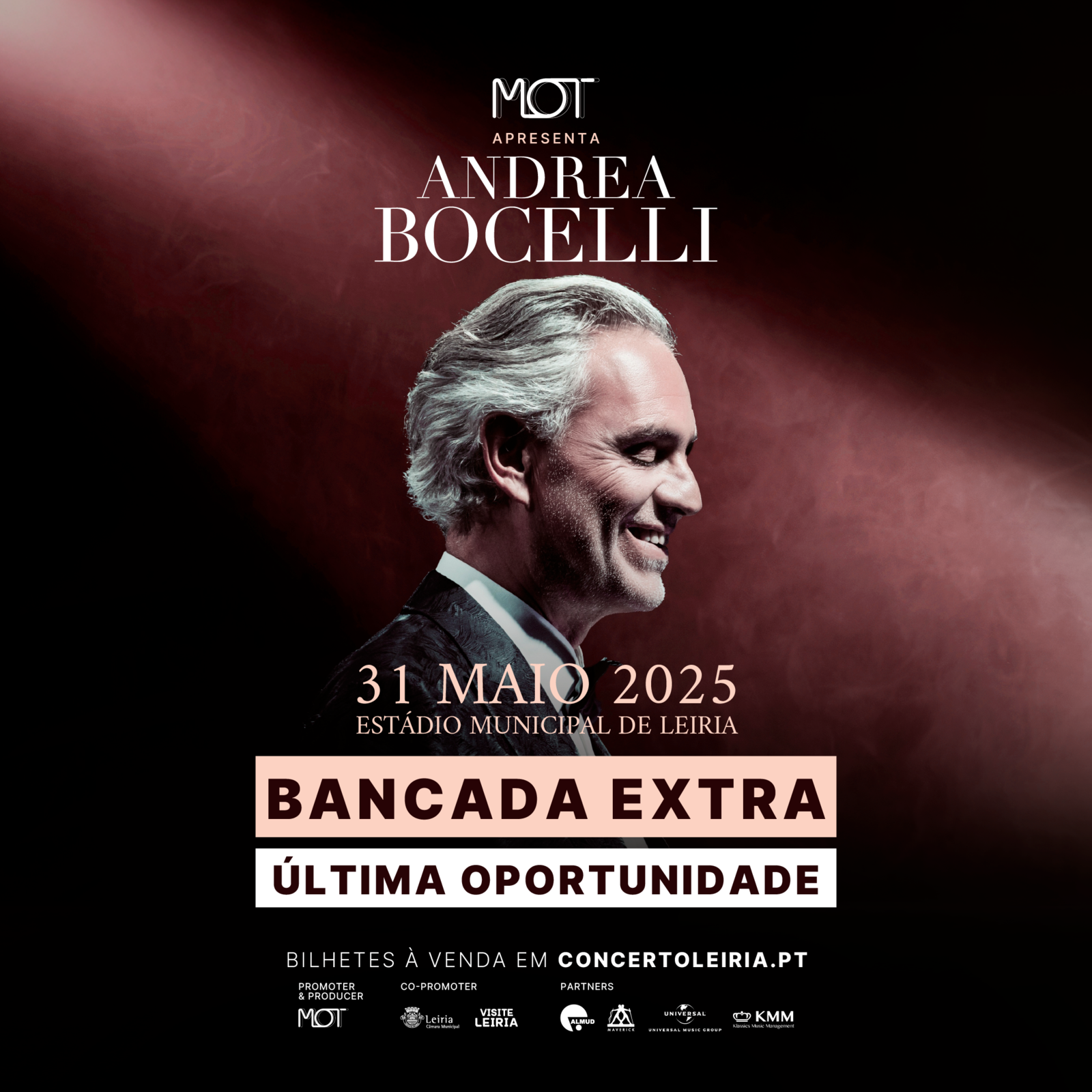 Concerto de Andrea Bocelli com 2 mil bilhetes extra à venda online